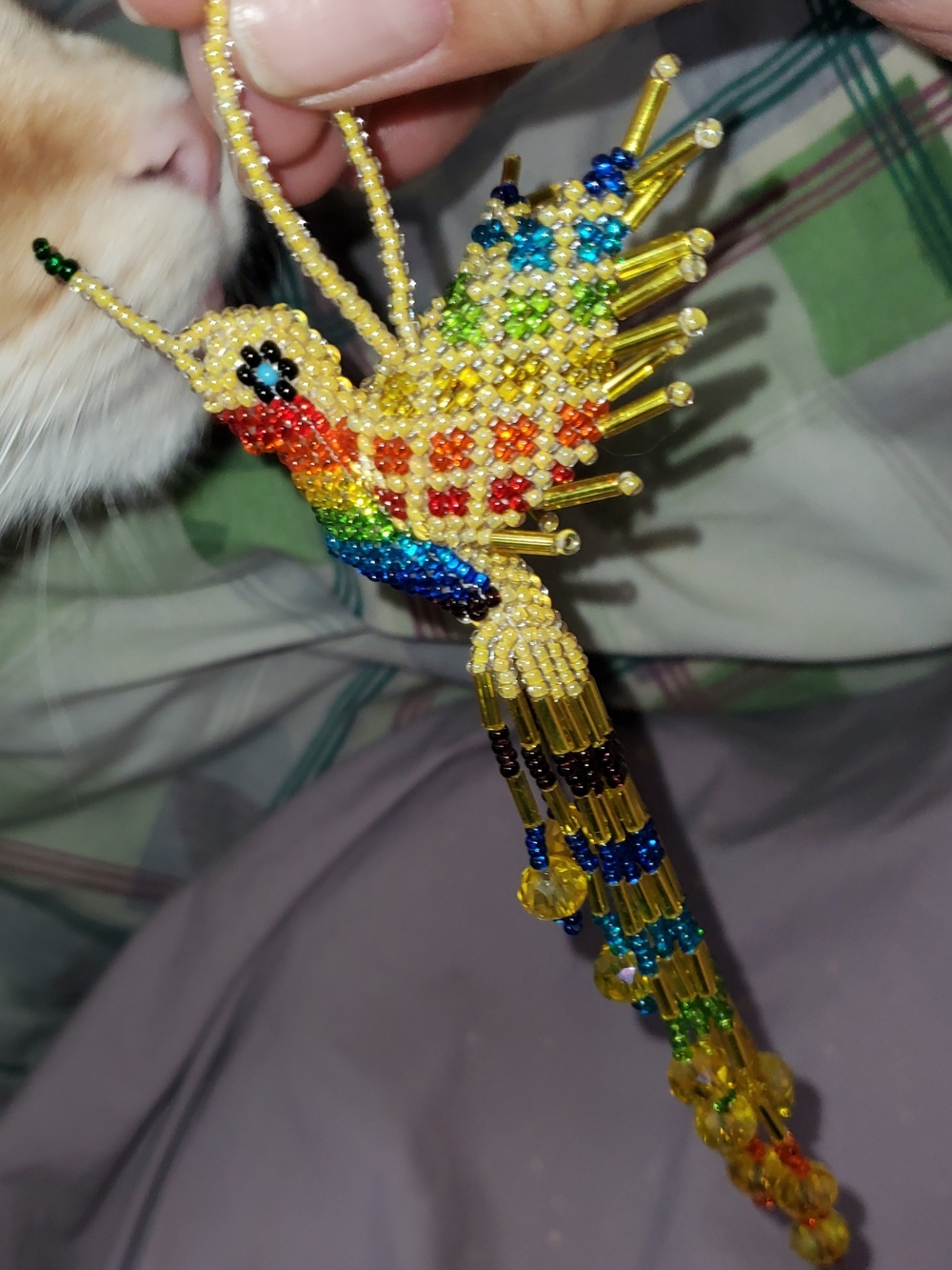 Handcrafted Beaded Rainbow Hummingbird Ornament - Yellow Accent